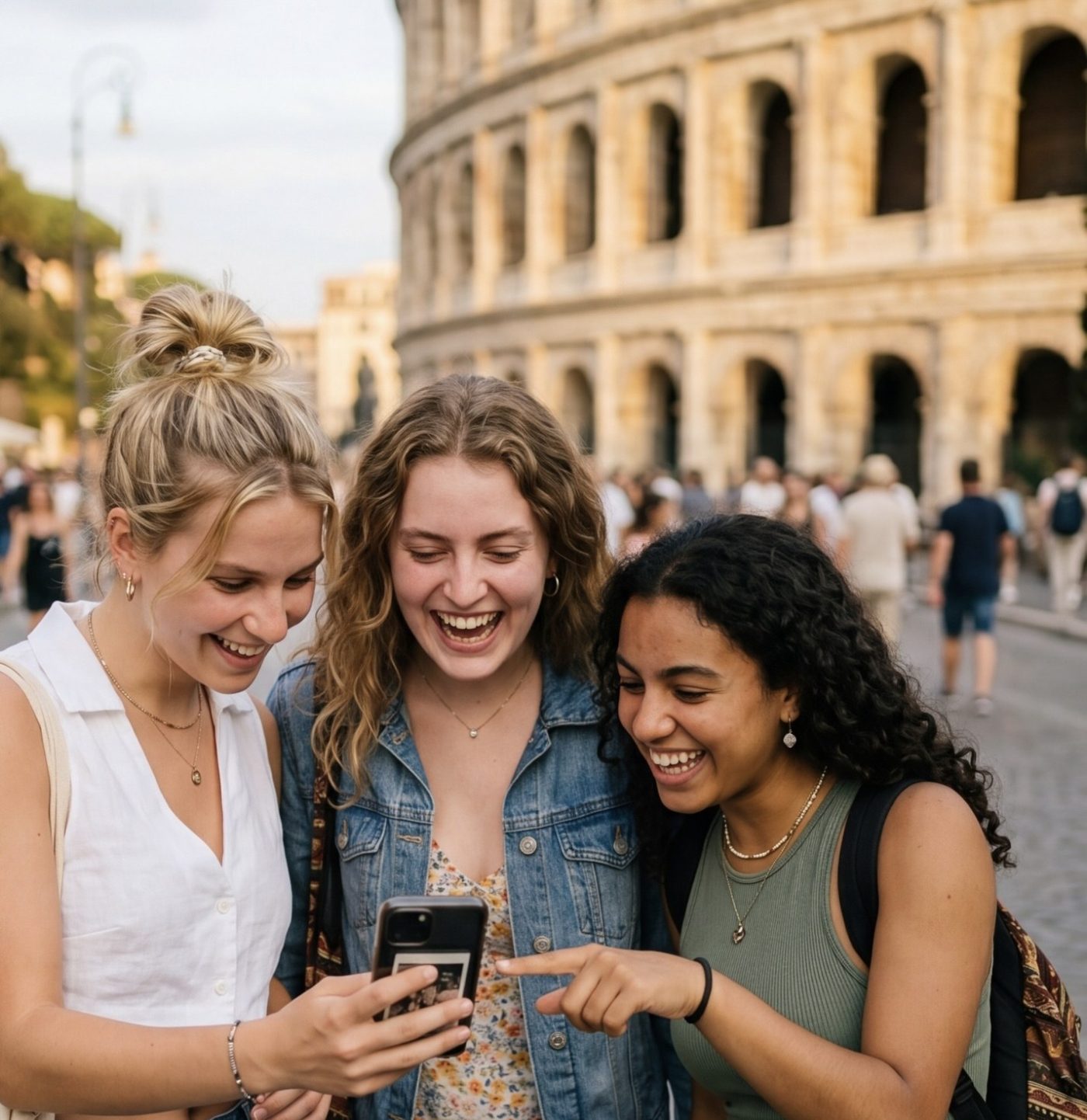 Amici risolvono un indovinello nell’app LooksArt accanto al Colosseo