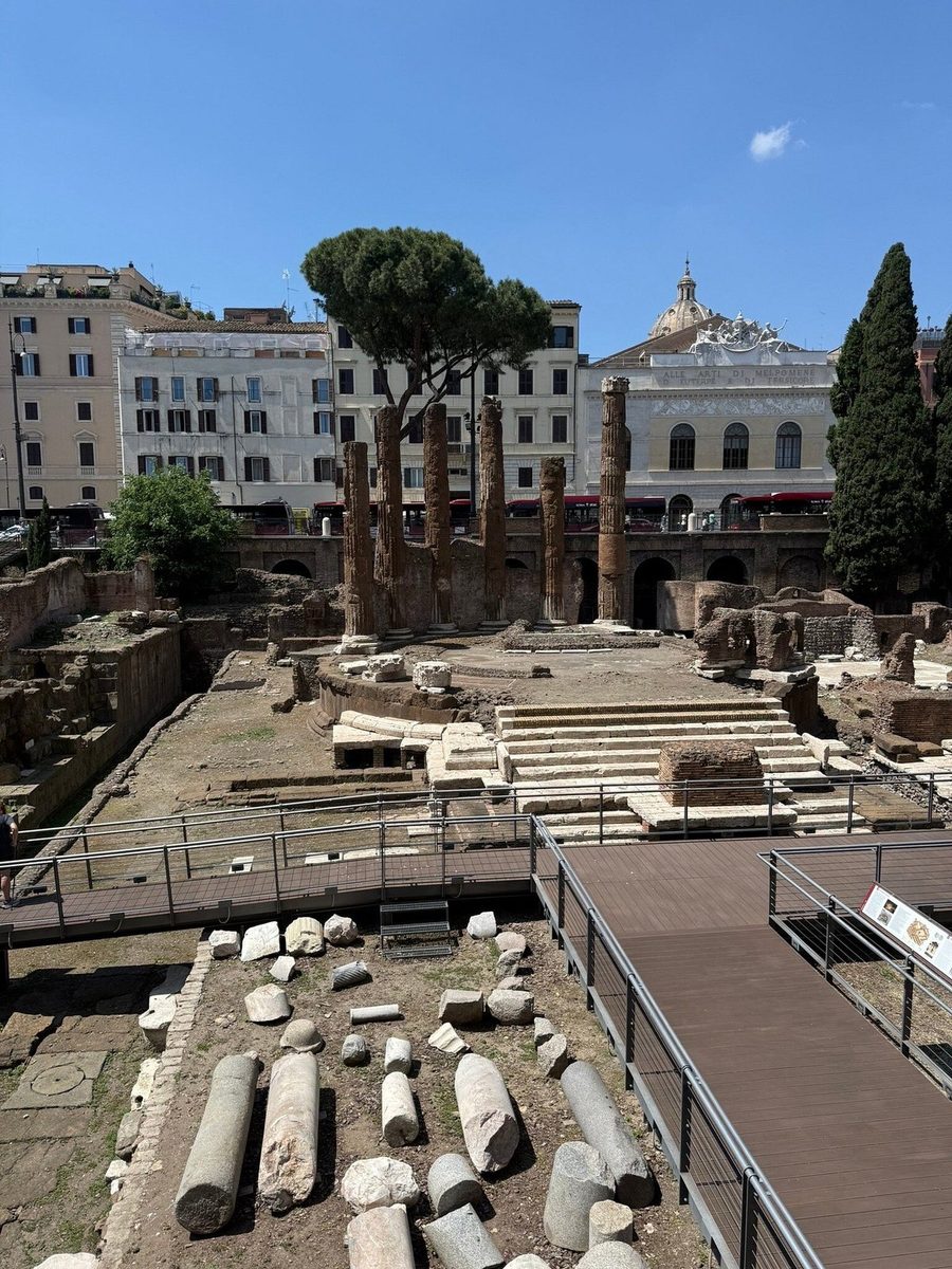 The ruins of the Roman Forum with rows of stone fragments