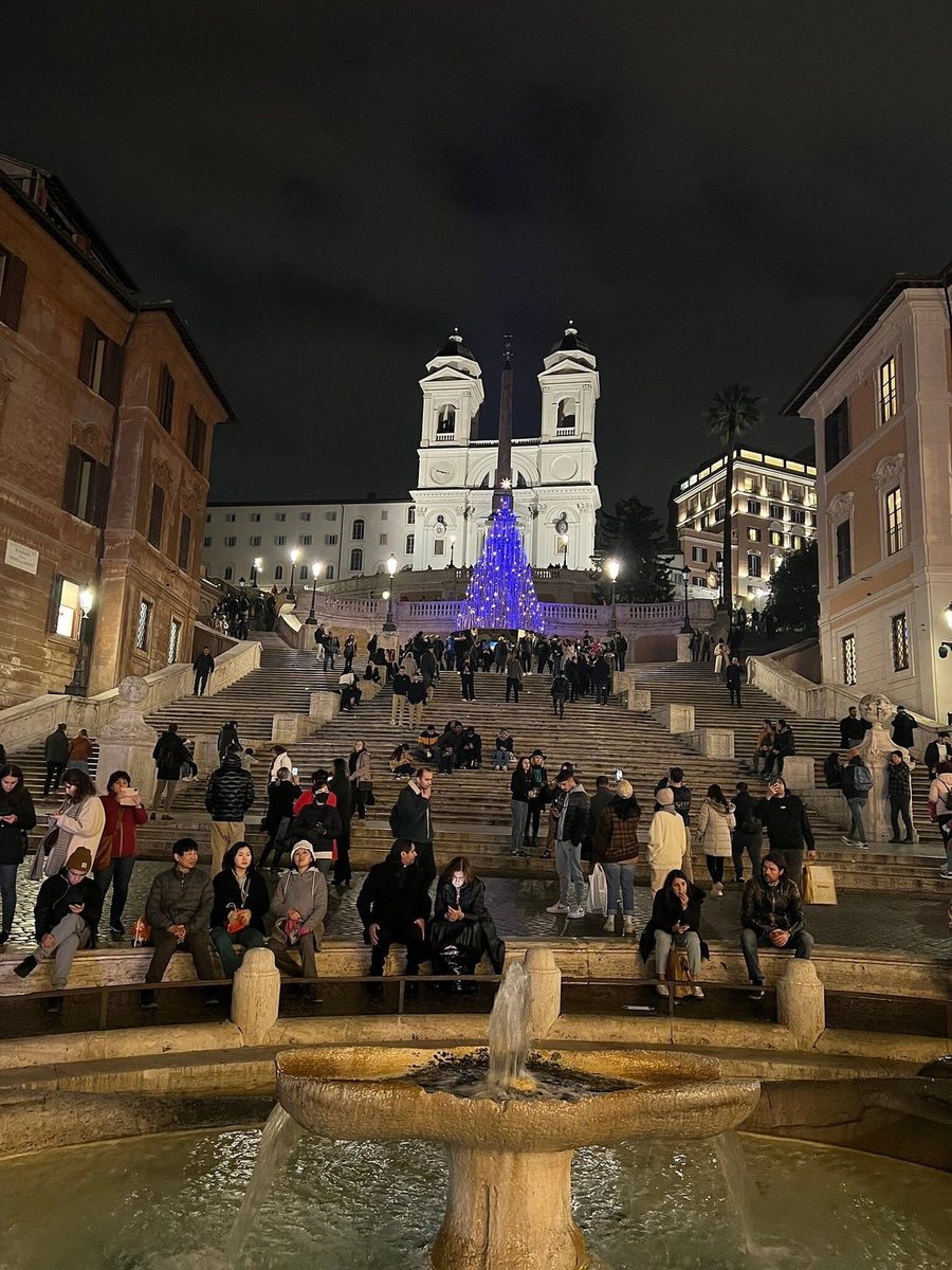 The Spanish Steps with a Christmas tree in the evening