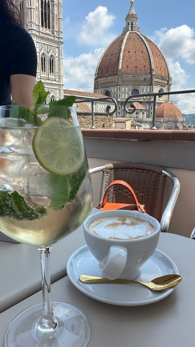 A cocktail and a cappuccino against the dome of Florence Cathedral